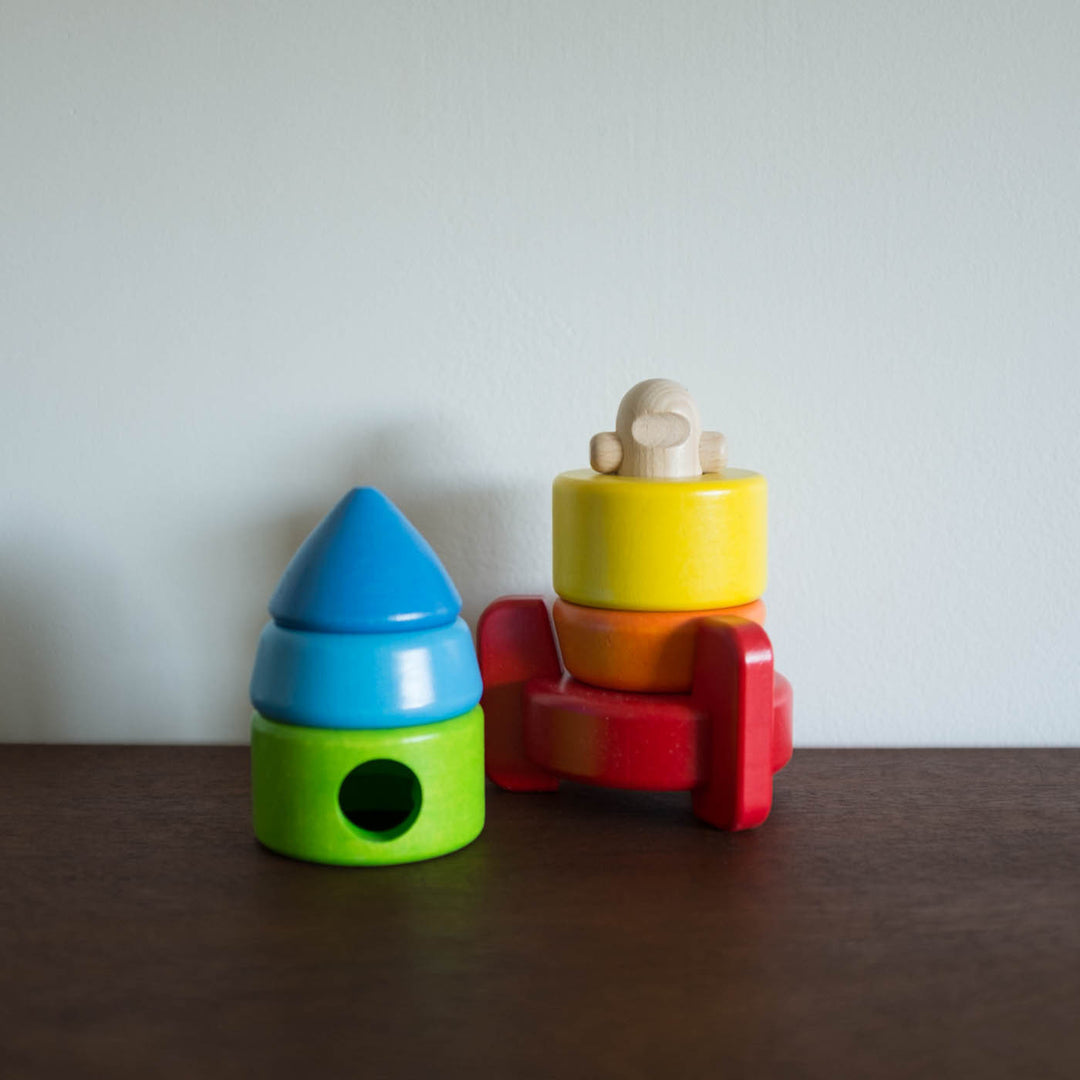 NEW Wooden Stacking Spaceship Rocket Toy