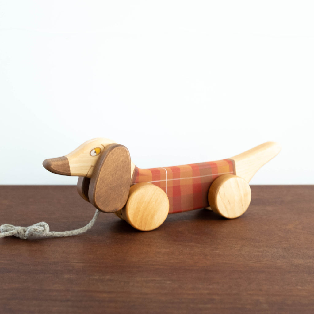 Wooden Puppy Plaid Pull Toy- Red