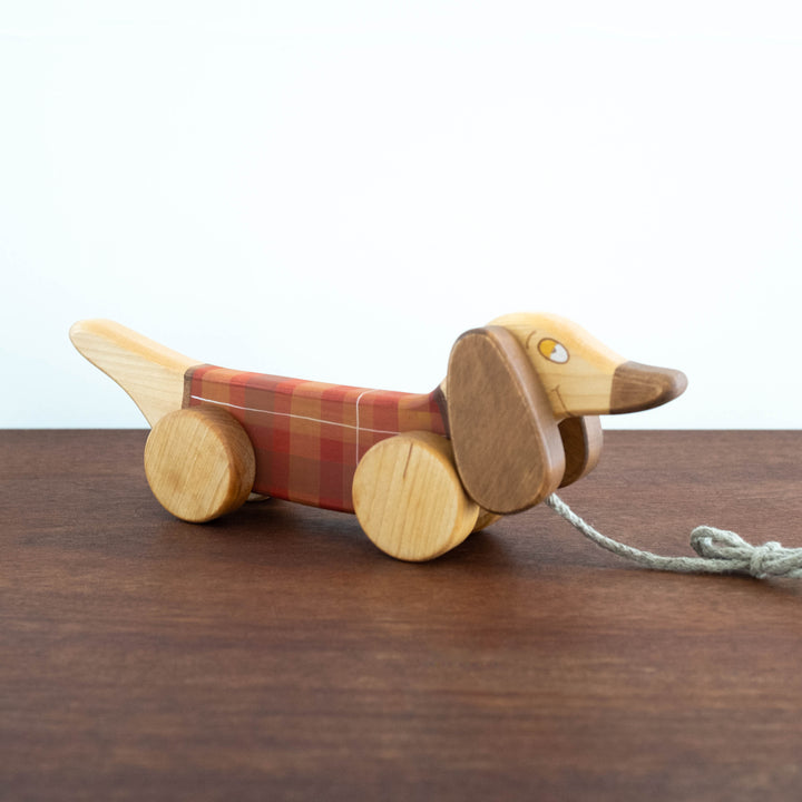 Wooden Puppy Plaid Pull Toy- Red