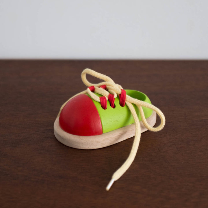 Wooden Tie-up Shoe Toy- Green and Red