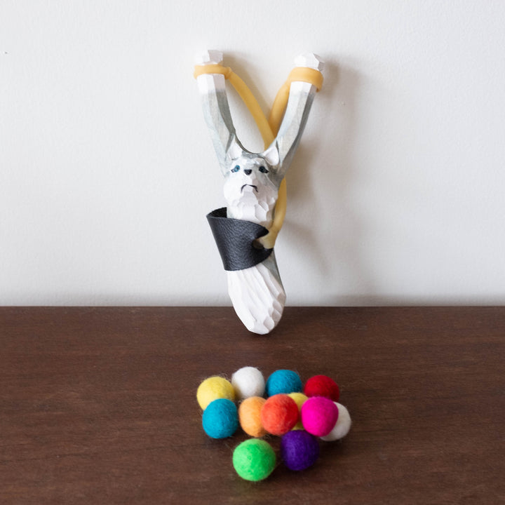 Wooden Slingshot Set- Wolf with Felt Balls