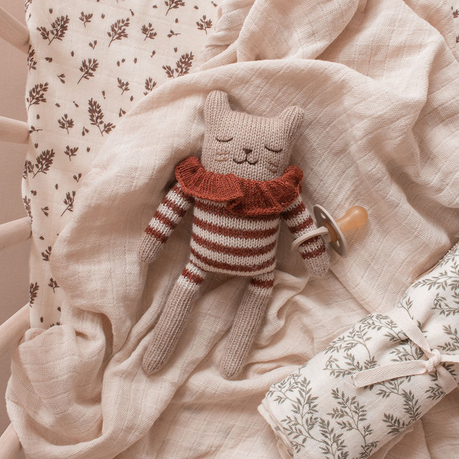 NEW Kitten Knit Doll Toy- Rust Striped Jumpsuit with Ruffles